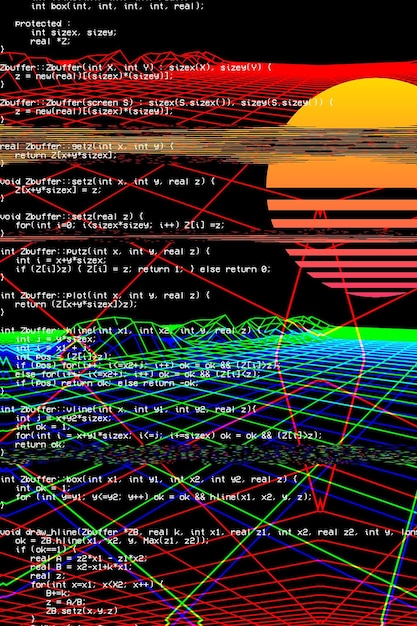 Cyberspace landscape grid. Old TV screen error.  Photo glitch. The TV signal is not working.
