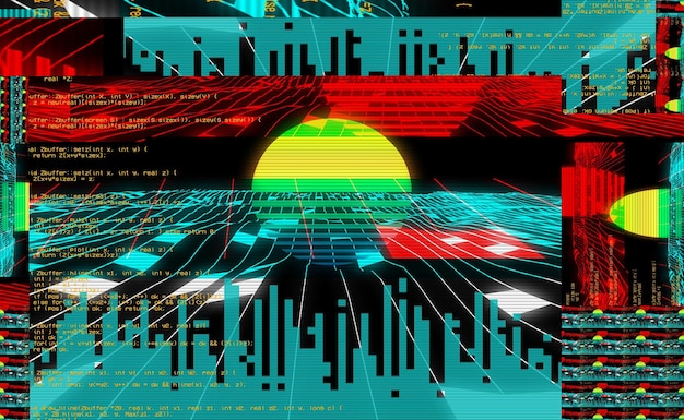 Cyberspace landschapsraster Oude tv-schermfout Foto glitch Het tv-signaal werkt niet Technische problemen grunge behang Gegevens decompositie 3D illustratie