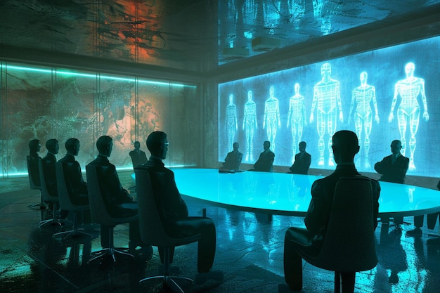 Cyberspace meeting room with holographic represent