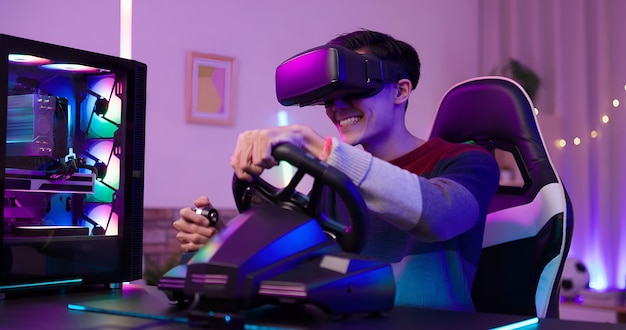 Cybersport gamer play car racing