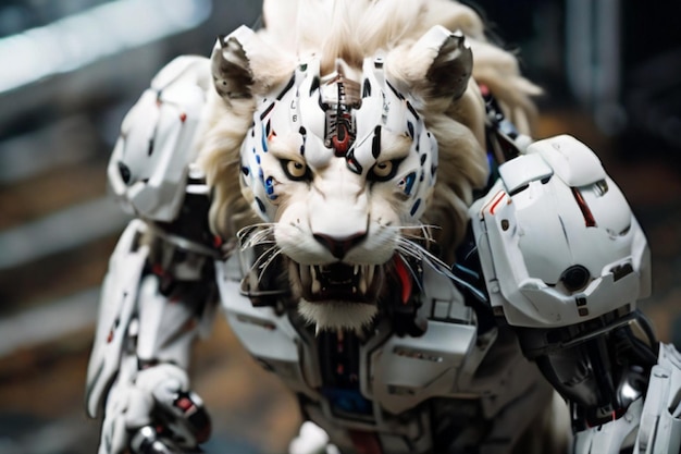 Foto cybertech wilde witte leeuw aanvallen