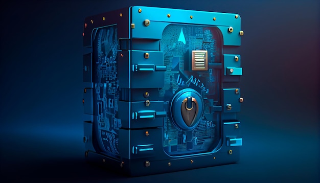 Cyberveiligheidsconcept en digitale gegevensbescherming met een locker op een blauwe achtergrond Generatieve AI