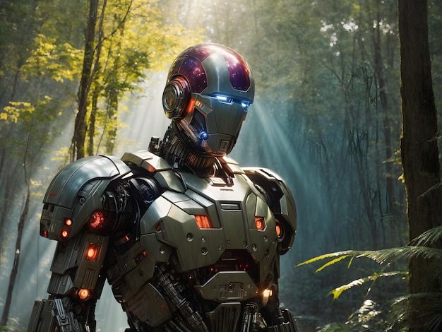 Cyborg android Elysium movie style jungle high trees