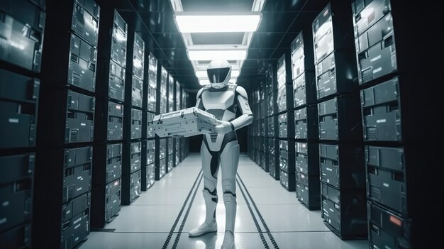 Cyborg Courier Holds A Box In Data Center Generative AI