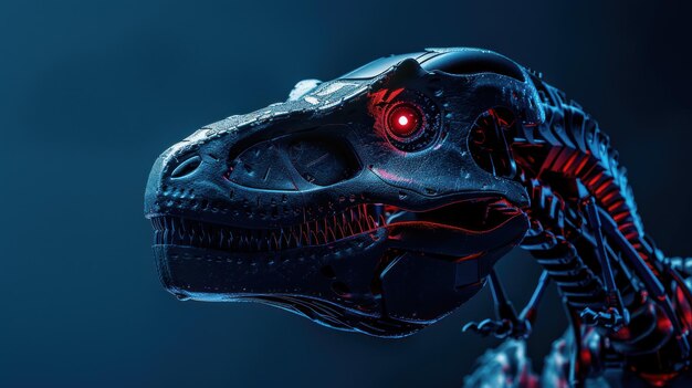 cyborg dino with red eyes on dark blue background with copy space 3d rendering ai generated image