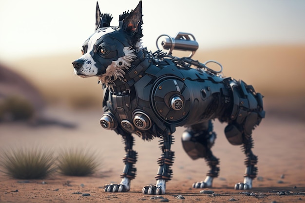 Cyborg dog standing on watch A hybrid of a domestic dog and a robot Generative ai