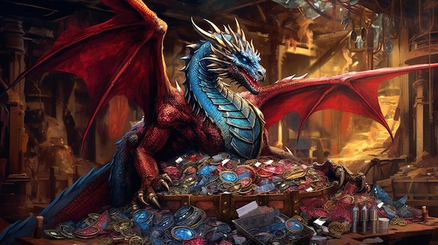 A cyborg dragon guarding a treasure hoard Fantasy concept Illustration painting Generative AI