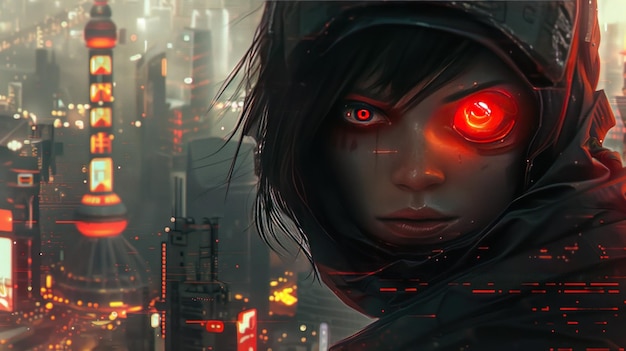 Cyborg female ninja character with mysterious glowing red eyes in city background AI generated image