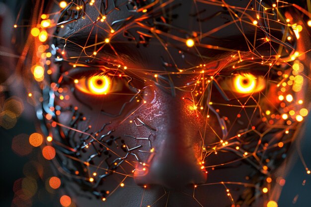 Foto cyborg gezicht met neurale verbindingen en gloeiende ogen