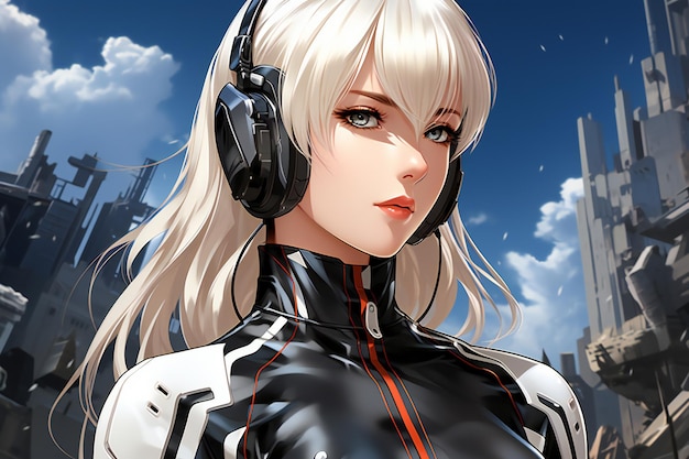 Cyborg girl in a black suit with headphones