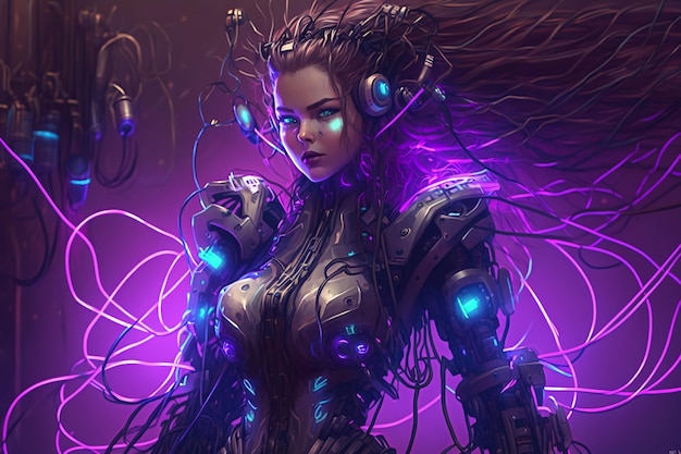 Cyborg girl in neon style robot woman