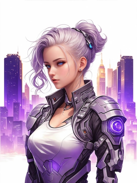 Cyborg girl portrait on cyber city background image with ai generated