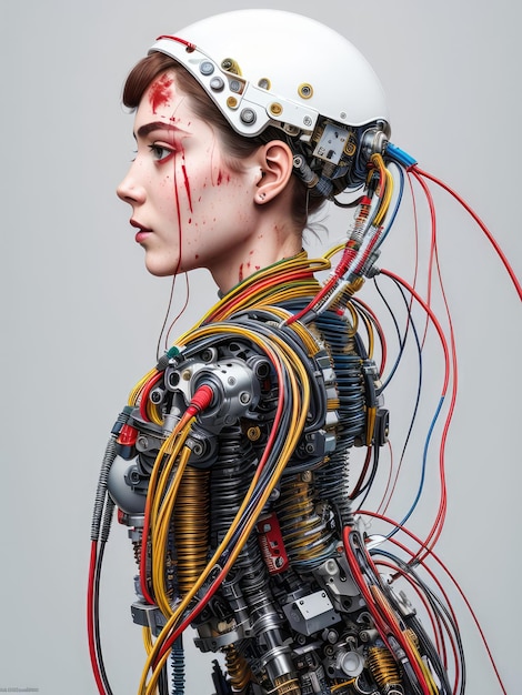 A cyborg girl with a metal skeleton and tubes