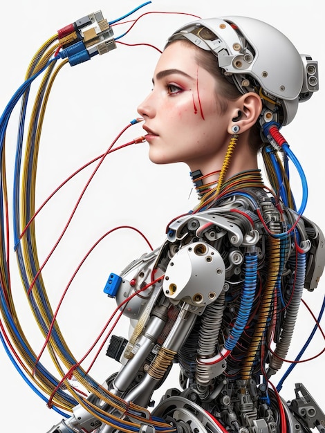 A cyborg girl with a metal skeleton and tubes