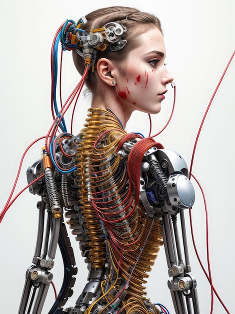 A cyborg girl with a metal skeleton and tubes