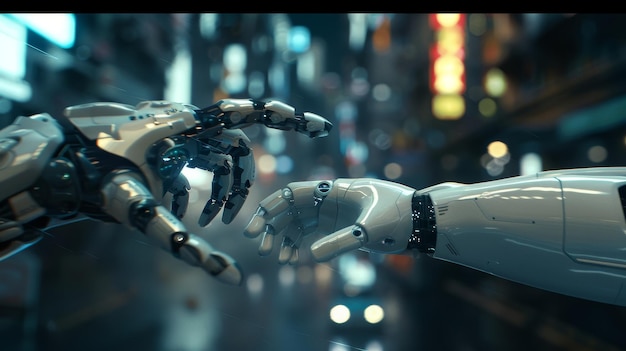 Cyborg hand about to touch human hand on dark city background in 3D