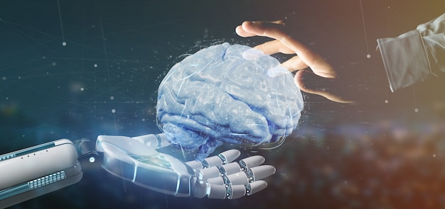 Cyborg hand holding a  artificial brain 3d rendering