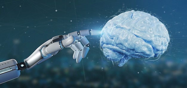 Cyborg hand holding a  artificial brain 3d rendering