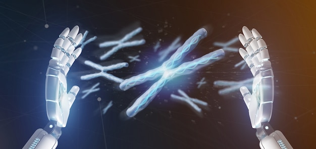 Cyborg hand holding a Group of chromosome with DNA inside isolated on a  