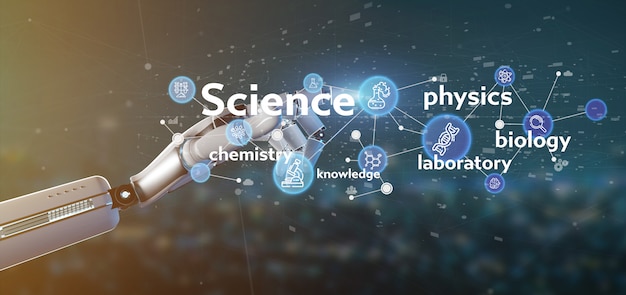 cyborg hand holding science icons and title 