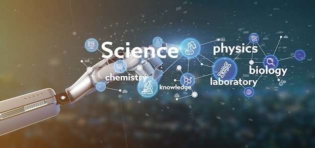 Photo cyborg hand holding science icons and title