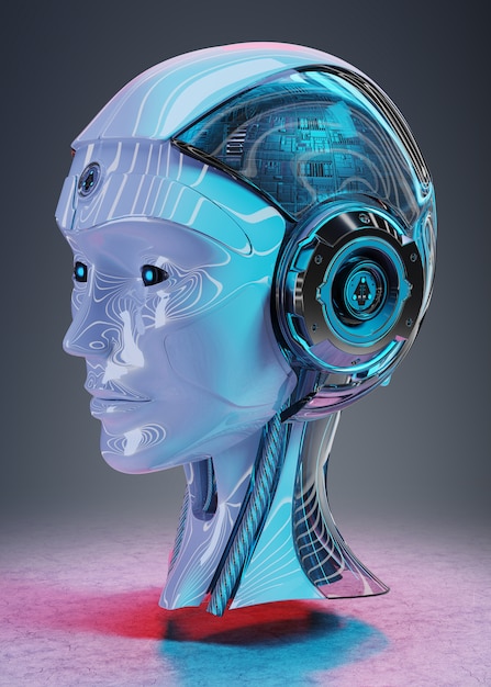 Cyborg head artificial intelligence 3D rendering