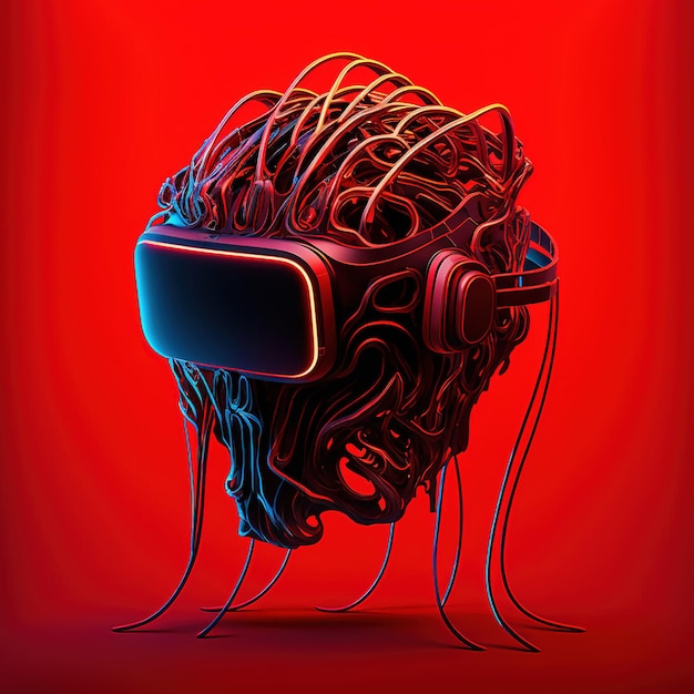 Cyborg head of cables and vr tech stands on red background created using generative ai technology