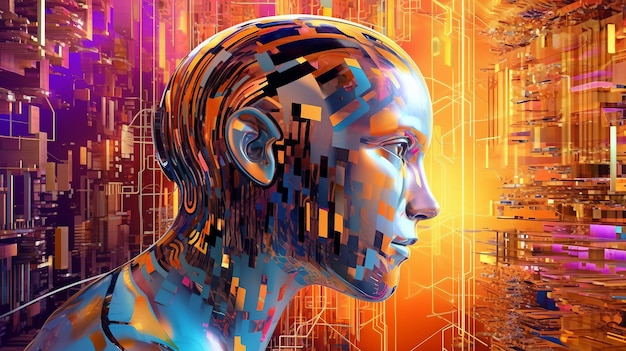 A Cyborg head in cyberspace artificial intelligence concept