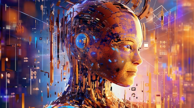 A Cyborg head in cyberspace artificial intelligence concept