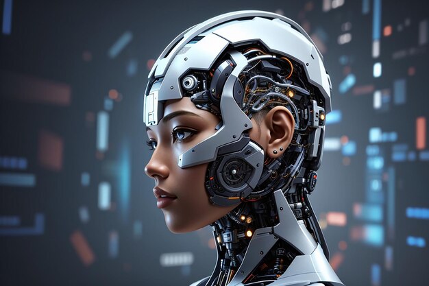 Cyborg head using artificial intelligence to create digital interface 3d rendering