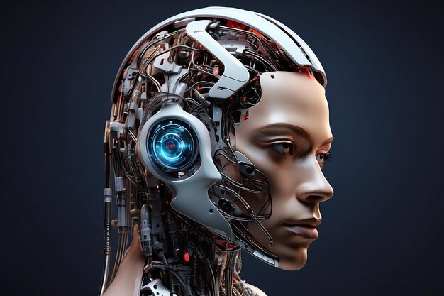 Cyborg head using artificial intelligence to create digital interface 3d rendering