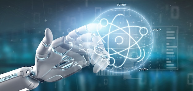 Photo cyborg holding an atom icon surrounded by data