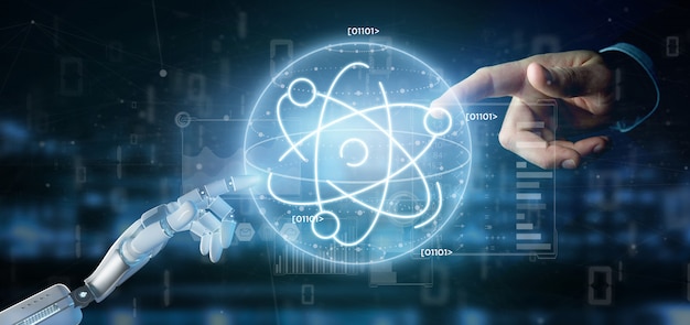 Photo cyborg holding an atom icon surrounded by data