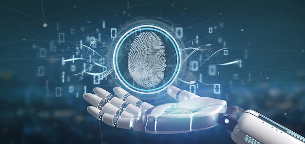 Cyborg holding a Digital fingerprint identification and binary code 