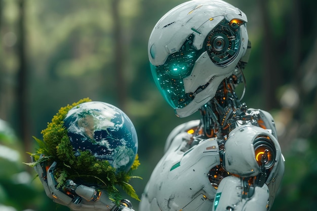 Cyborg holding globe with forest on the background