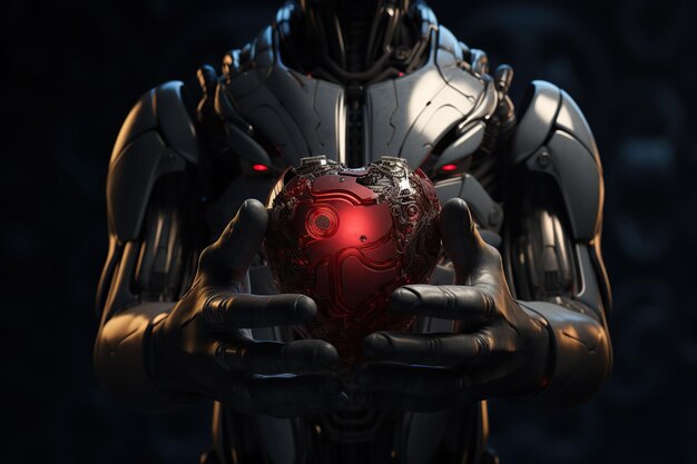 Cyborg holding a red heart in his hands