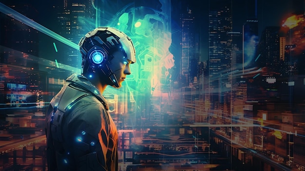 Cyborg man in night cyberpunk futuristic city Generative ai