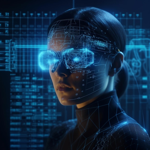 Cyborg man with virtual reality glasses 3D rendering on dark backgroundgenerative ai