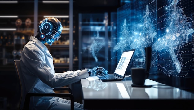 Cyborg man working on laptop in dark office 3d rendering