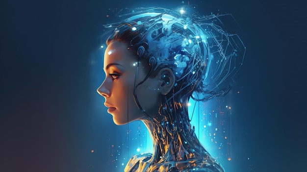 Cyborg meisje portret kunstmatige intelligentie Digitale hersenen Fantasy concept Illustratie schilderij