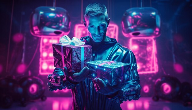 Foto cyborg met cyber monday-cadeaus in neonlicht