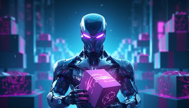 Cyborg met Cyber Monday-cadeaus in neonlicht