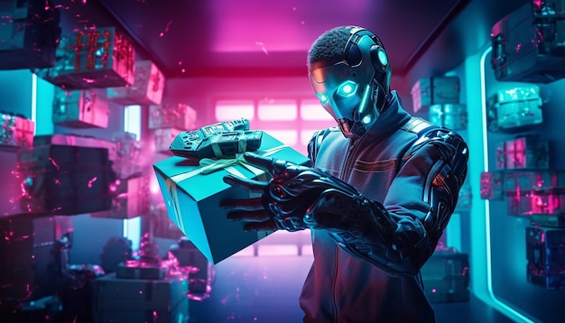 Cyborg met Cyber Monday-cadeaus in neonlicht