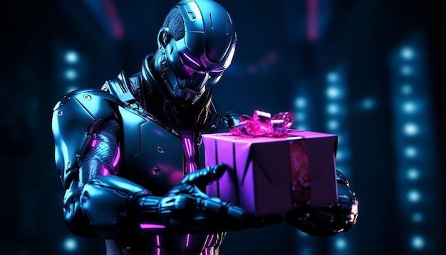 Cyborg met Cyber Monday-cadeaus in neonlicht