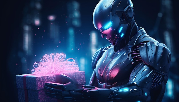 Cyborg met Cyber Monday-cadeaus in neonlicht