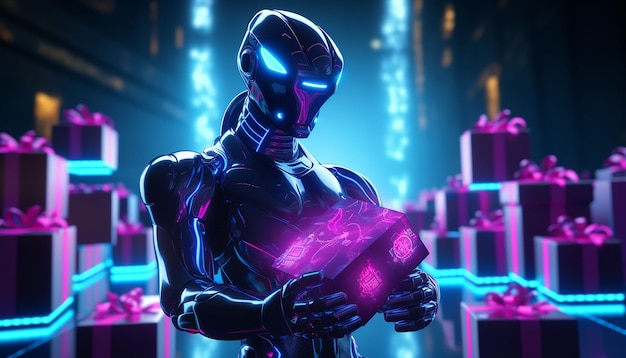 Cyborg met Cyber Monday-cadeaus in neonlicht