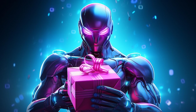 Cyborg met Cyber Monday-cadeaus in neonlicht