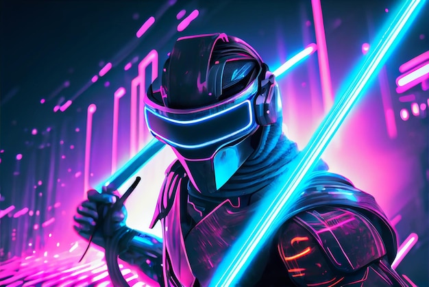 Cyborg ninja is preparing to attack using a neon sword with cyberpunk neon lighting background