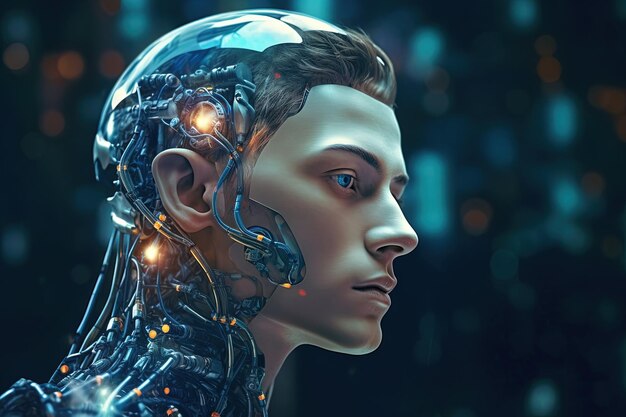 Cyborg of digitaal verbeterde mens Kunstmatige intelligentie en technologieconcept met geavanceerde mens Gegenereerde AI