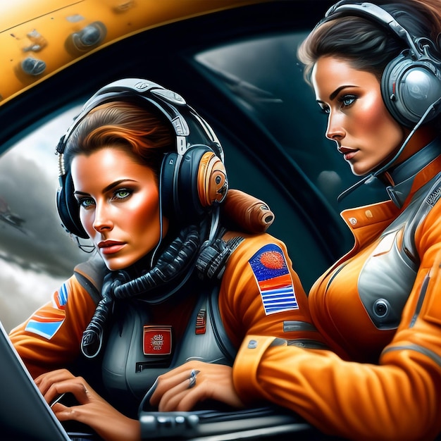 Cyborg pilot russian women interior cockpit hyperdetailed by john blanche working on a laptop